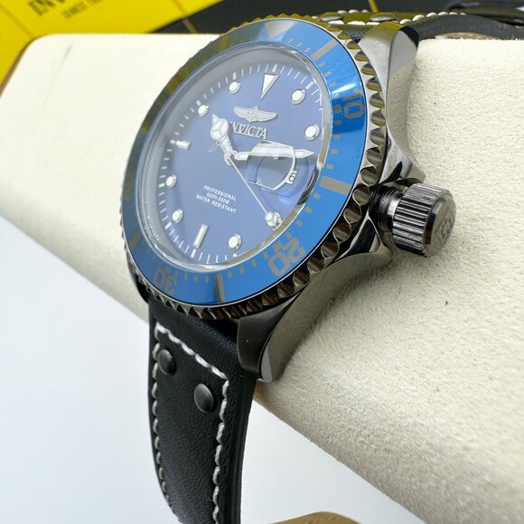 Invicta Pro Diver Blue Dial Gunmetal Case Men Watch with Cowhide Premium Leather - Picture 5 of 10